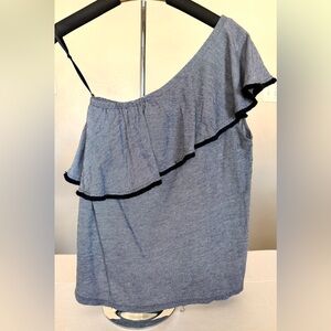 LOFT off shoulder ruffle top in black and gray